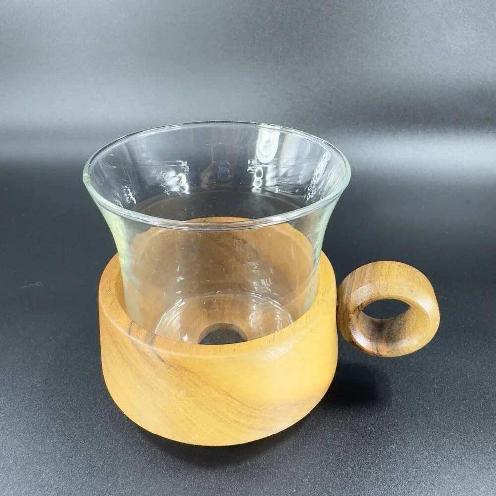 Vintage Jena Glass Mug with Wooden Holder Insert Set 3 Round Handle Wood Insert‎
